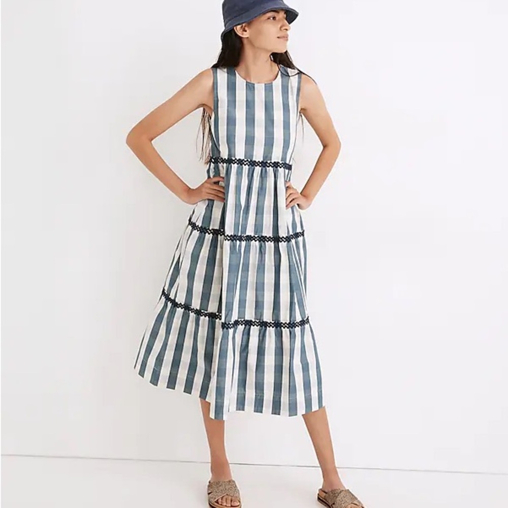 Madewell Blue White Rickrack Cattail Tiered Dress in Gingham Check